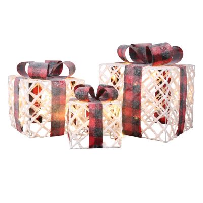 Homegear Christmas Set of 3 Pre-lit Gift Present Boxes w/ 60 LED Lights - Indoor/Outdoor Yard/Lawn Use- Snow Festive Plaid