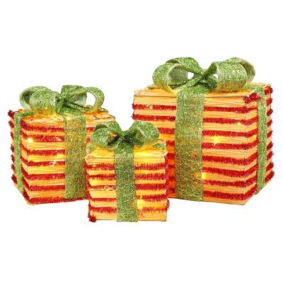 Homegear Christmas Set of 3 Pre-lit Gift Present Boxes w/ 60 LED Lights - Indoor/Outdoor Yard/Lawn Use- Wicker Green Bow