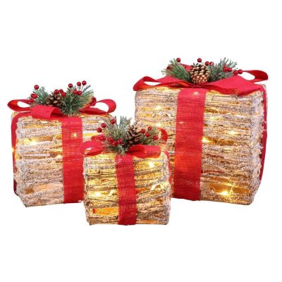 Homegear Christmas Set of 3 Pre-lit Gift Present Boxes w/ 60 LED Lights - Indoor/Outdoor Yard/Lawn Use- Wicker Red Bow